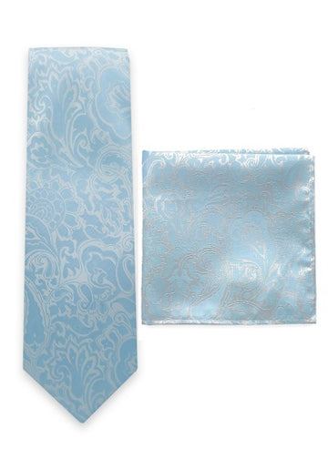 Set cravată și batistă model paisley albastru deschis